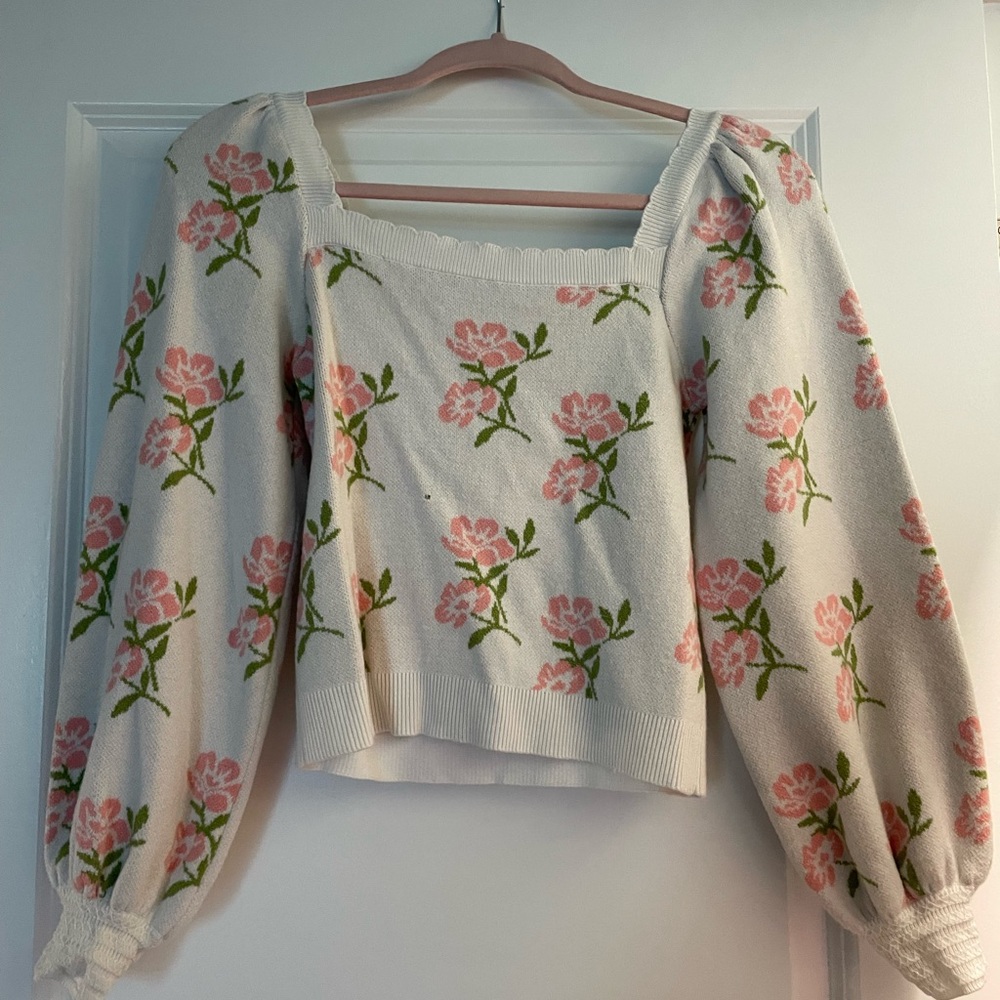 Floral Knit Sweater with Pink and Green Design